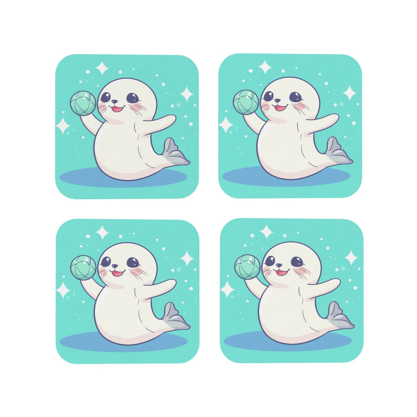 Cute Cartoon Seal Absorbent Coasters Set of 4 – Square 4in x 4in, 1.7mm Thick