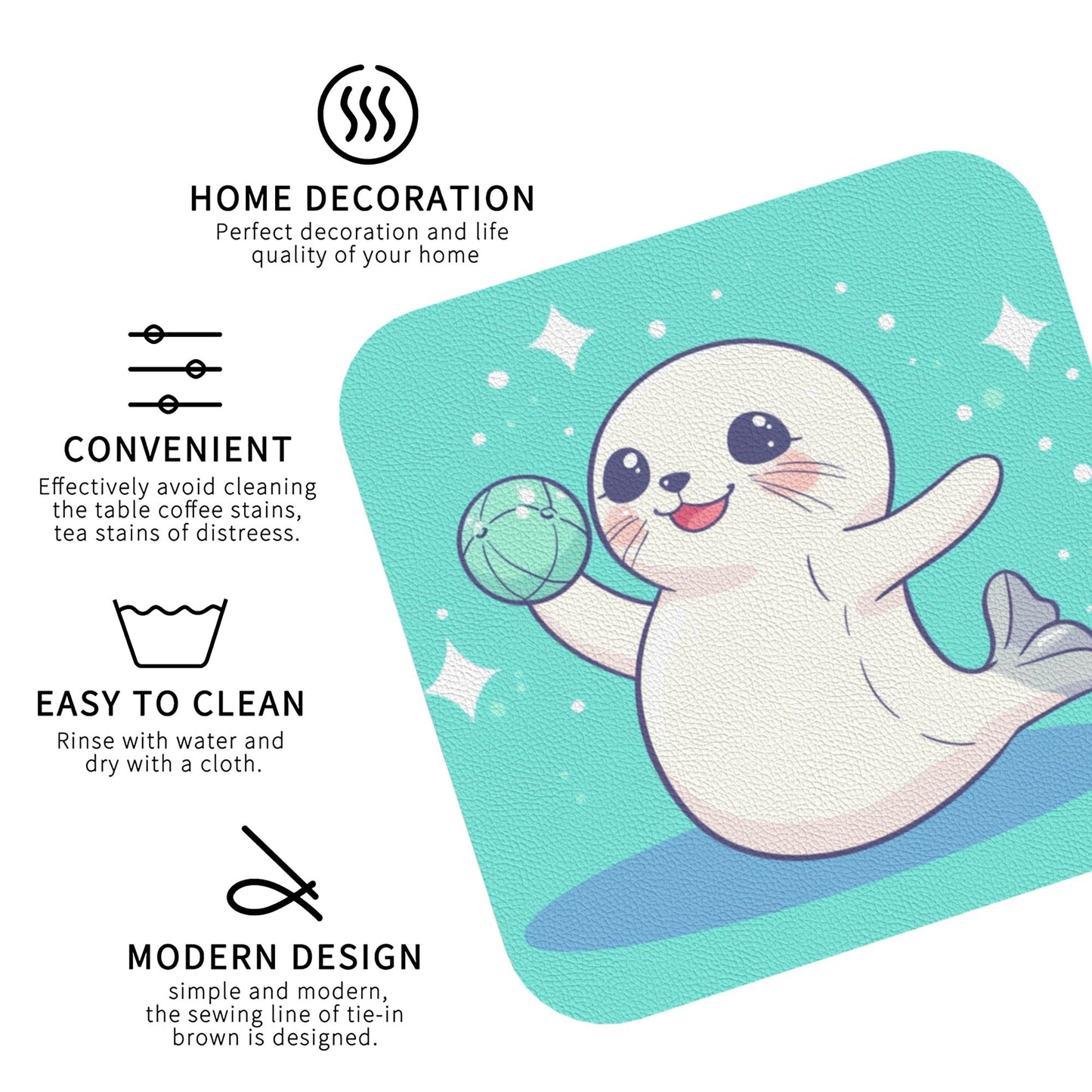 Cute Cartoon Seal Absorbent Coasters Set of 4 – Square 4in x 4in, 1.7mm Thick