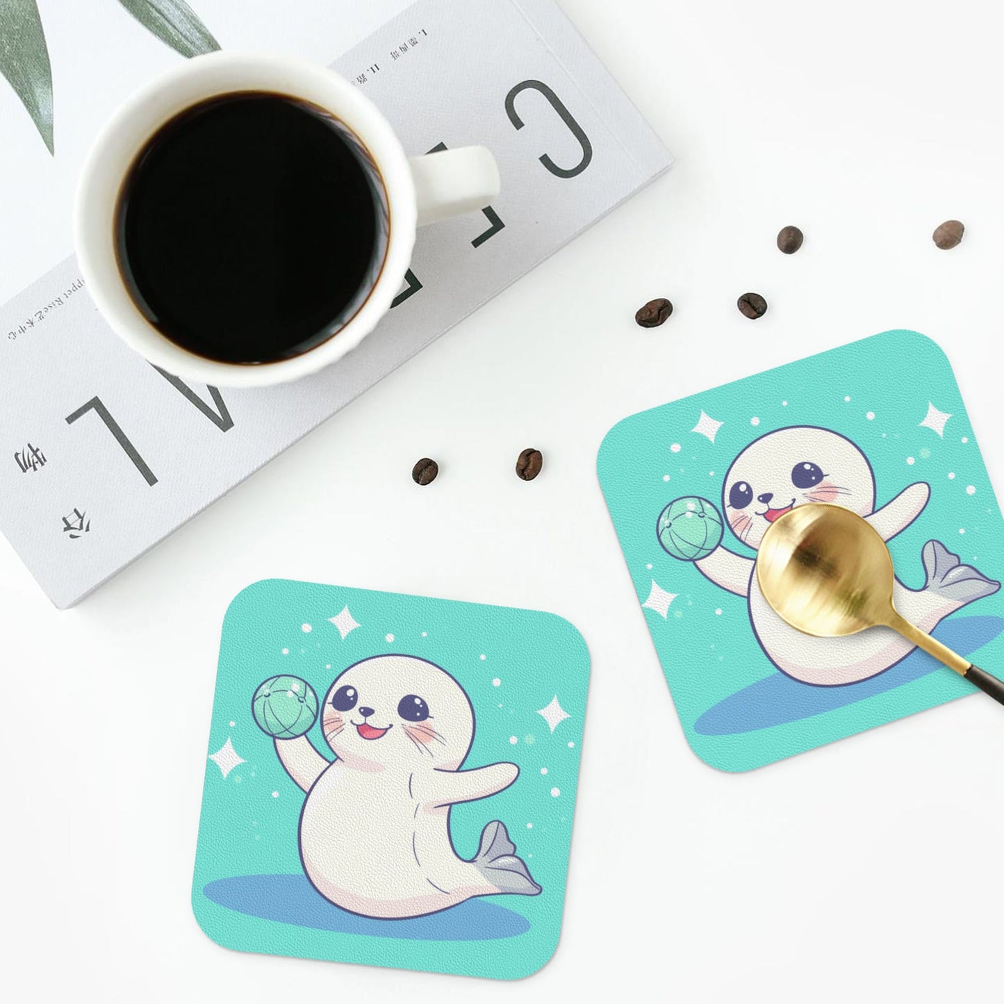 Cute Cartoon Seal Absorbent Coasters Set of 4 – Square 4in x 4in, 1.7mm Thick