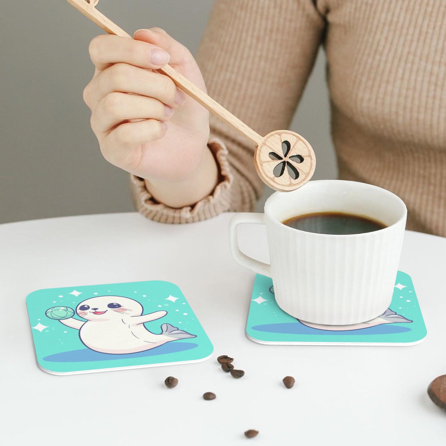 Cute Cartoon Seal Absorbent Coasters Set of 4 – Square 4in x 4in, 1.7mm Thick
