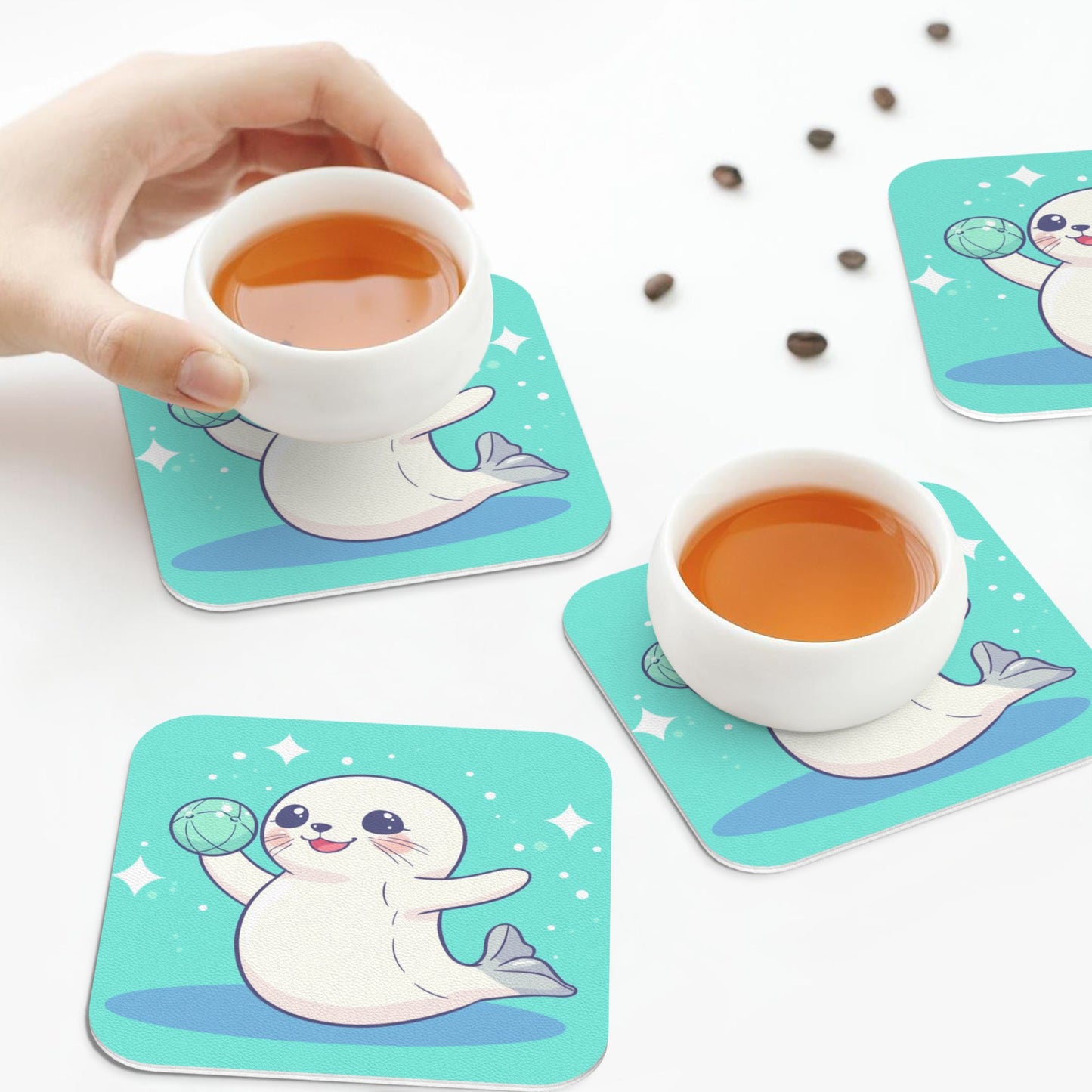 Cute Cartoon Seal Absorbent Coasters Set of 4 – Square 4in x 4in, 1.7mm Thick