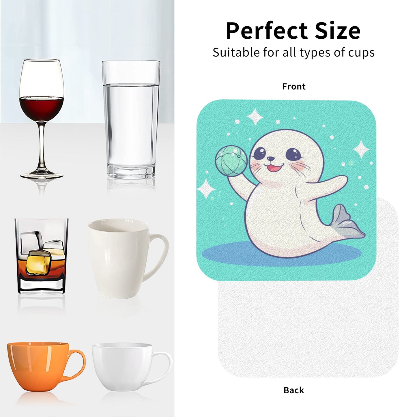 Cute Cartoon Seal Absorbent Coasters Set of 4 – Square 4in x 4in, 1.7mm Thick